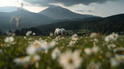 Haflinger in Mountain Meadow: A Haflinger horse, grazing in a flower-filled meadow at the base of a majestic mountain range.
