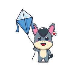 donkey mascot cartoon character vector illustration playing kite.