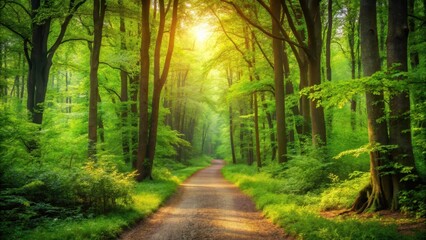 Obraz premium Serene forest path surrounded by lush green trees and vibrant foliage, natural beauty, greenery, natural beauty