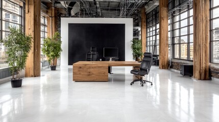 Obraz premium Modern office, wood desk, city view, minimalist design, workspace