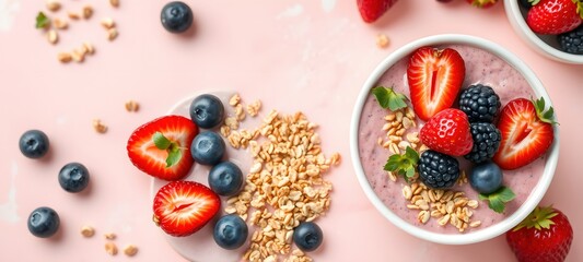 Bowl of granola with yogurt and berries for healthy breakfast.