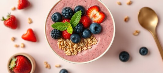 Bowl of granola with yogurt and berries for healthy breakfast.