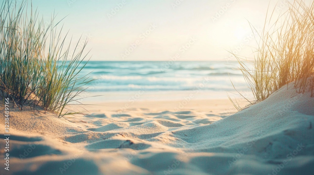 Poster soft sunlight breaks over the horizon, casting a warm glow on the gentle waves and illuminating the 