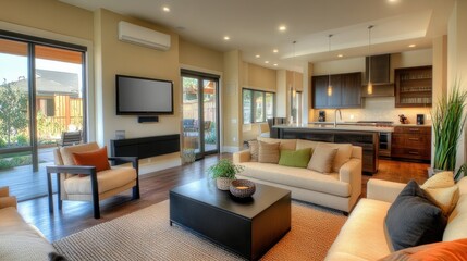 Fototapeta premium Comfortable family room showcasing a wall-mounted energy-saving air conditioner, neutral-toned furniture, and eco-friendly accents