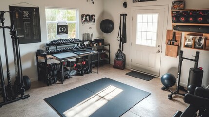 Compact home workout space with minimalist equipment, emphasizing efficient training and healthy living