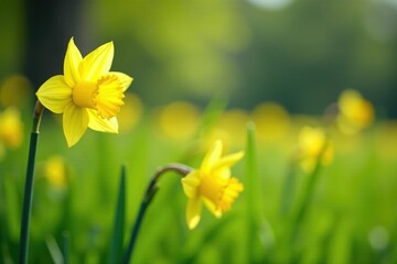 Daffodils swaying gently in a meadow of tall grass, colorful, yellow, daffodil
