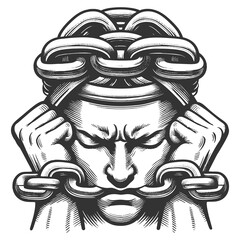 man with chains wrapped around his head and mouth, symbolizing mental struggle, oppression, and inner turmoil sketch engraving generative ai raster illustration. Scratch board. Black and white image.
