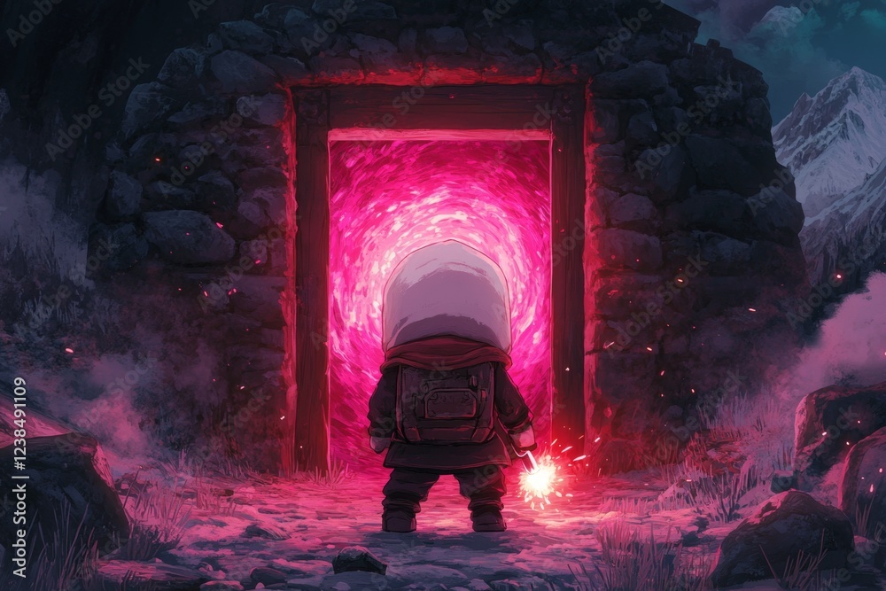 Poster A pixel art representation of a character pulling a lever to terminate a dungeon trap, with colorful, animated sparks and detailed retro graphics
