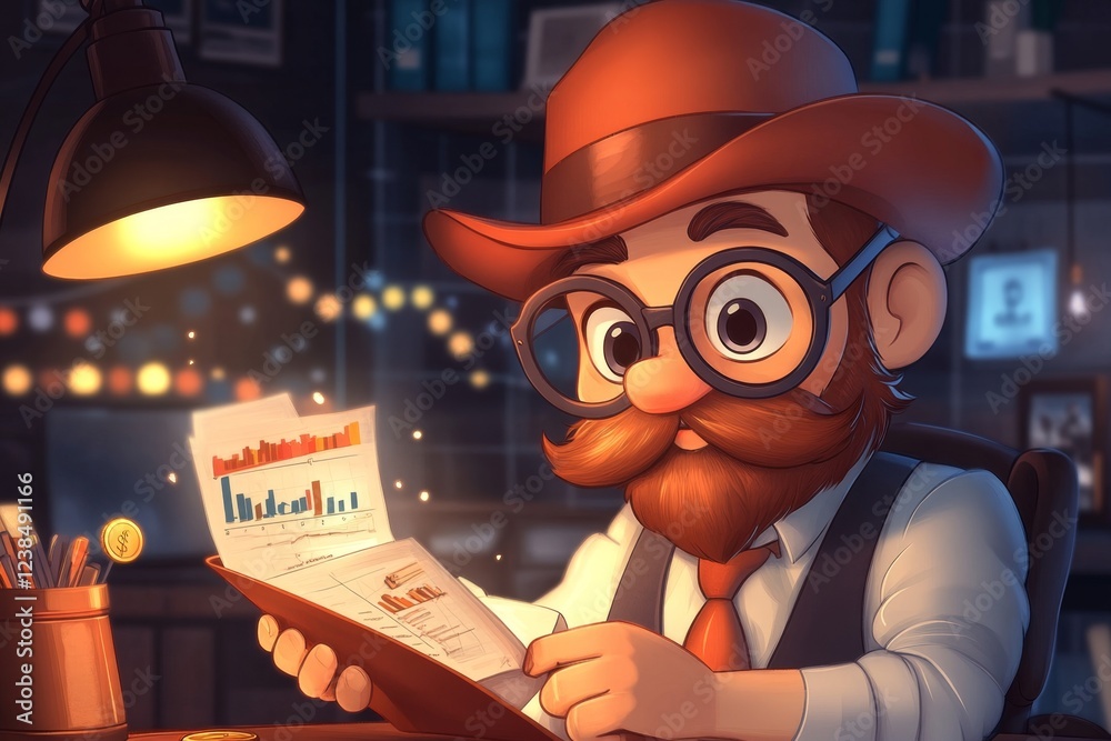 Poster A pixel art representation of a rising line graph with animated flashing percentages and a retro-style banker character at the side holding a coin purse