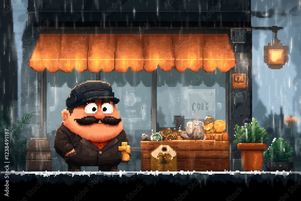 Poster A pixel art representation of a rising line graph with animated flashing percentages and a retro-style banker character at the side holding a coin purse