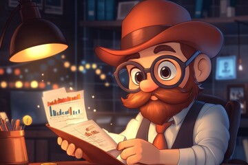 A pixel art representation of a rising line graph with animated flashing percentages and a retro-style banker character at the side holding a coin purse