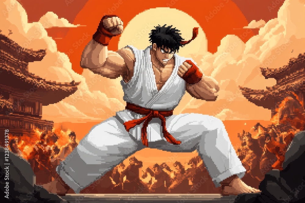 Poster a pixel art scene of a martial artist performing a high kick in a vibrant dojo, with dynamic action 