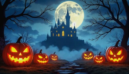 Magical moonlit Halloween scene with glowing jack-o'-lanterns and haunted castle