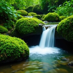 Lush foliage and green moss surrounding a small waterfall, moss, greens