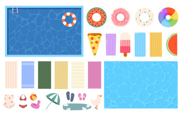 Different cartoon summer accessories. Waterpool, blue water surface. Inflatable toys and rubber mattress, beach towels, sun protect umbrella, vector set