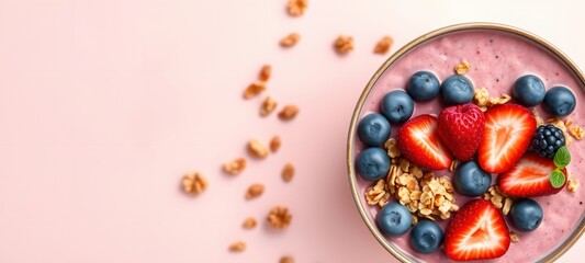 Bowl of granola with yogurt and berries for healthy breakfast.