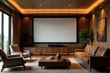 Fototapeta premium Modern Home Theater Room Design with Wooden Accents and Comfortable Leather Seating