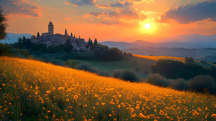 A serene countryside scene in Umbria, featuring a medieval hilltop town with stone buildings, surrounded by olive groves and golden fields under a radiant sunset.