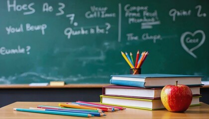Dynamic classroom desk with colorful pencils, books, and an apple against a chalkboard