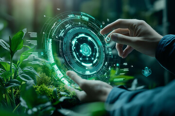futuristic AI interface analyzing environmental data in lush green setting