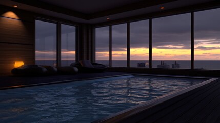 Fototapeta premium Serene Sunset View Indoor Pool Relaxation Space