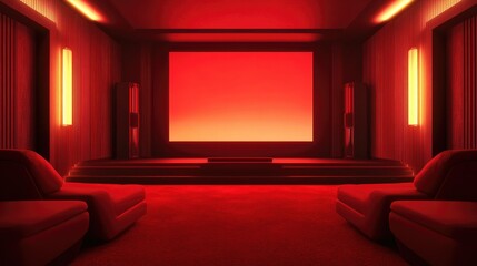Elegant home theater with red carpeting, plush seating, and a large screen, perfect for a luxury entertainment experience