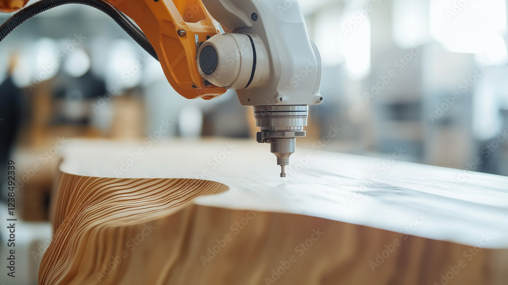 Aufkleber robotic arm guided by AI precisely carving custom wooden sculpture in workshop