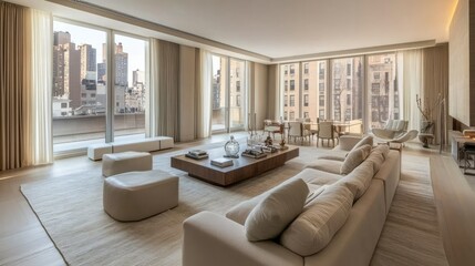 Elegant living room with a neutral color palette, sleek furnishings, and a modern air conditioning unit blending seamlessly with the decor