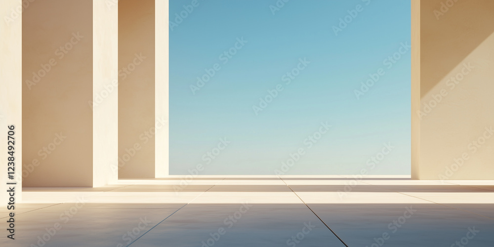 Poster minimalist architectural design with open spaces, clean lines, and serene blue sky