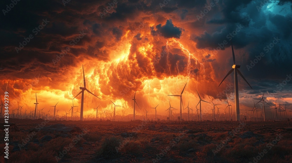 Poster a breathtaking display unfolds as dark storm clouds loom ominously over a field of wind turbines, il