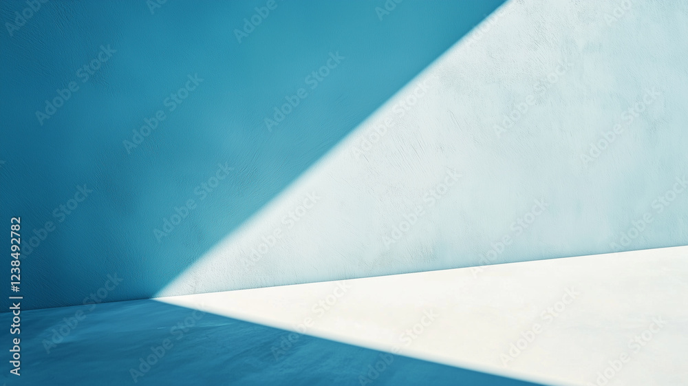 Poster Minimalist abstract composition with blue walls and sharp sunlight casting geometric shadows