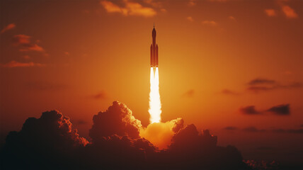 夕暮れに染まる空とロケットのシルエット—壮大な打ち上げの瞬間