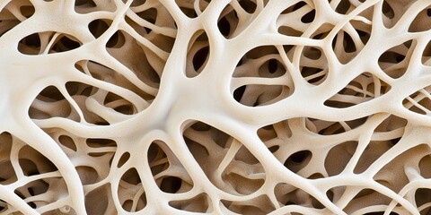 A close-up view of a complex, porous structure resembling bone or coral, showcasing intricate patterns and textures.
