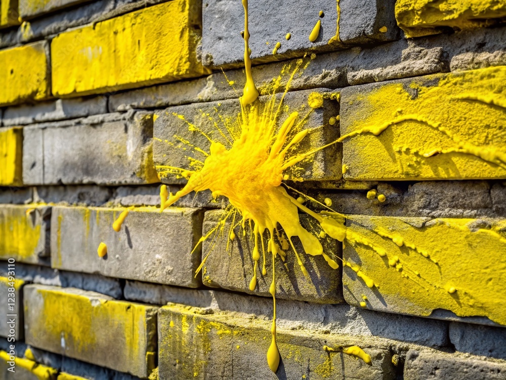 Wall mural Bright Yellow Graffiti on Gray Brick Wall - Abstract Urban Texture Background