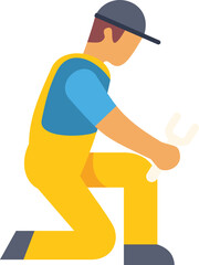 Mechanic kneeling with wrench, performing maintenance or repair work, symbolizing service, skill, and problem solving