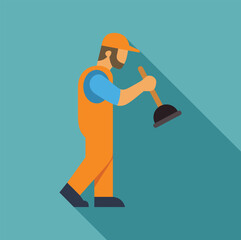 Plumber walking and holding plunger, providing professional plumbing services for residential and commercial needs