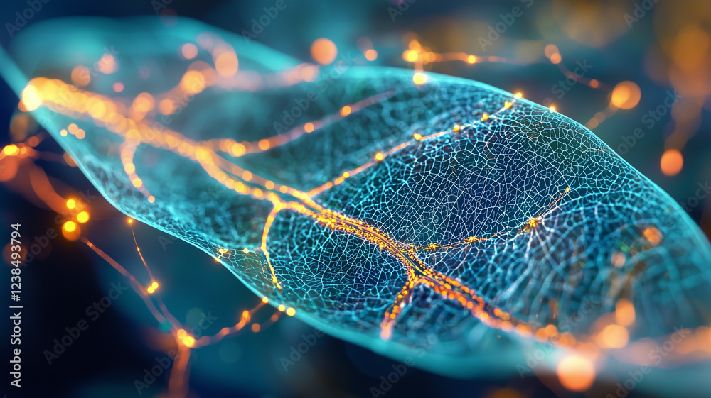 Poster close up of glowing leaf surface with intricate vein patterns and vibrant light effects
