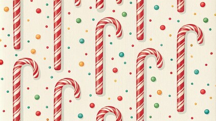 Fototapeta premium Striped wallpaper featuring candy canes in red and white stripes with occasional sprinkles of colorful dots throughout, winter, holiday, decorations