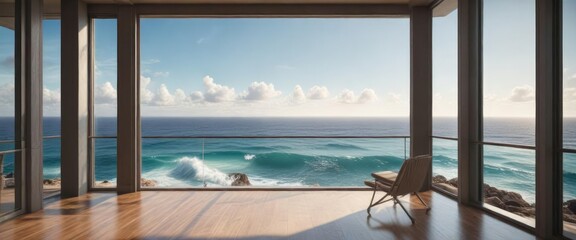 Fototapeta premium Stunning ocean view from the balcony of a luxurious room, comfortable bed, ocean view, luxury room