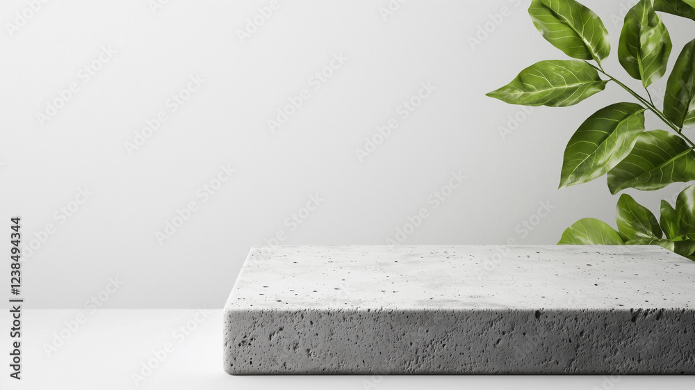 Poster minimalist concrete platform with green leaves in background, ideal for product display