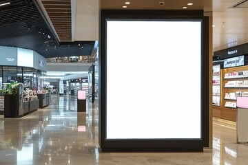 Mockup blank LED Screen billboard in front of entrance of cosmetics store in shopping mall, Empty space to insert multimedia, advertisement, promotion at prominent positions to attract attention