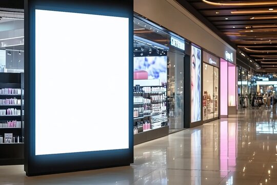 Mockup blank LED Screen billboard in front of entrance of cosmetics store in shopping mall, Empty space to insert multimedia, advertisement, promotion at prominent positions to attract attention