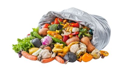 Rotten vegetables and fruits coming out from plastic bag on transparent background