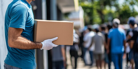 man wearing gloves carries box of supplies in crowded outdoor setting, symbolizing aid and support