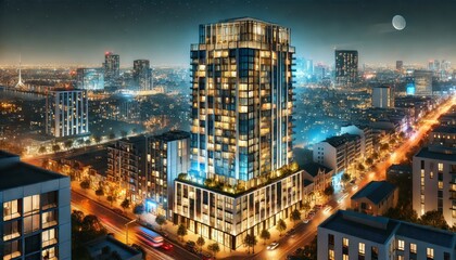 Obraz premium A high rise apartment building in a bustling city illuminated at night with glowing windows.