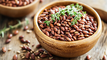 Fototapeta premium Fresh red beans and herbs in wooden bowl, showcasing natural textures and colors. Perfect for healthy cooking and meal preparation