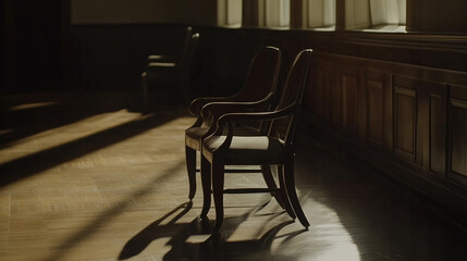 Deserted courtroom with dramatic shadows, empty jury box and judge's chair under soft natural light, evoking a somber and vacant atmosphere.


