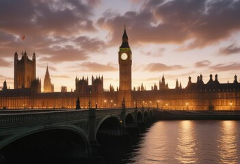 Fototapeta premium Sunrise view of Westminster bridge with Big Ben and Parliament silhouetted against the sky, cityscape, travel destination, iconic