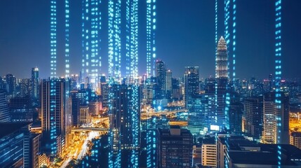 Digital Data Streams Flowing Over A Night Cityscape