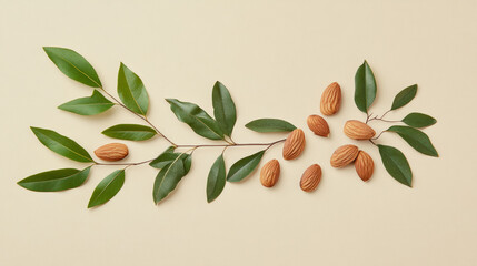Fresh almonds and green leaves arranged beautifully on light background, showcasing natural and organic aesthetic. This composition highlights simplicity and elegance of nature
